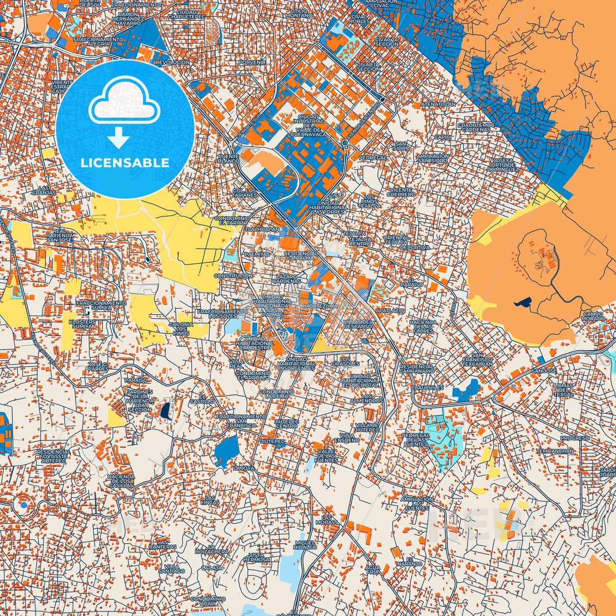 Colorful Jiutepec Street Map with Labels and Buildings