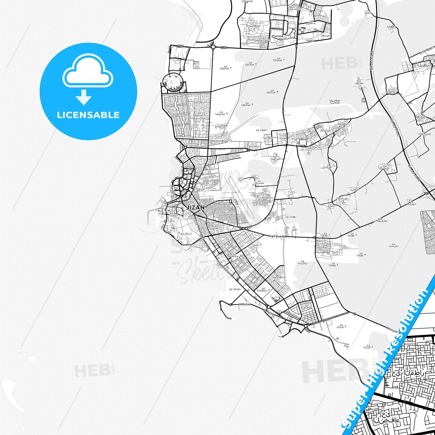 Jizan, Saudi Arabia light map with streetnames, citynames and districts