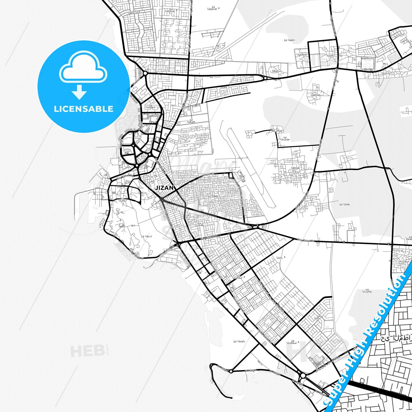 Jizan, Saudi Arabia Light Map with Street Names, City Names, and Districts