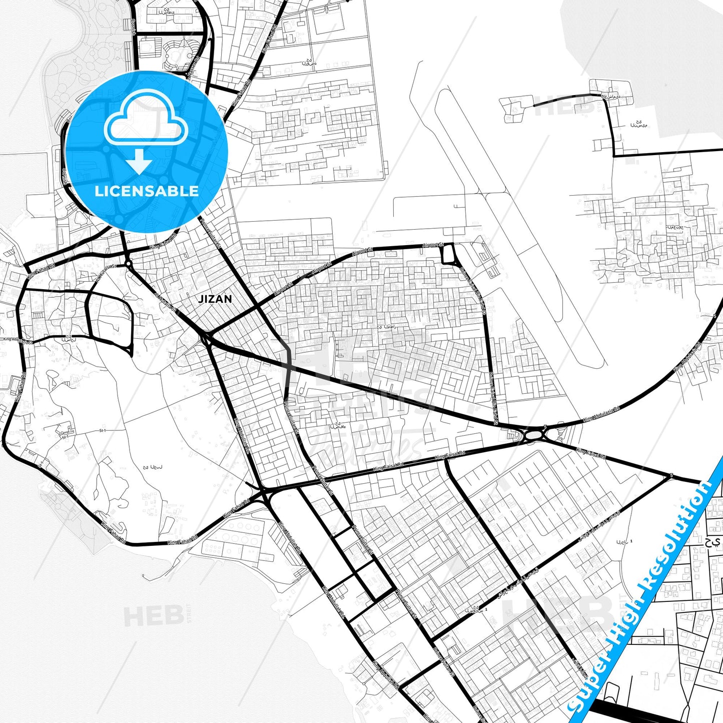 Jizan, Saudi Arabia Light Map with Street Names, City Names, and Districts