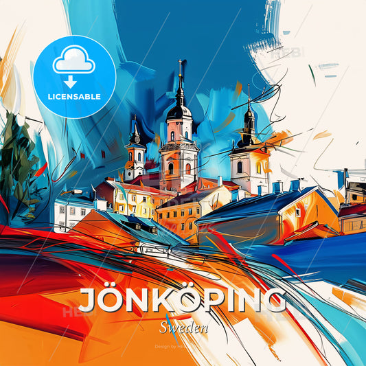 Vibrant Jönköping, Sweden - A Painting Of A Town With A Church - Square format print template