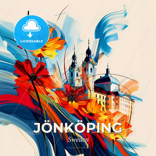 Vibrant Jönköping, Sweden - A Painting Of A Building With Flowers - Square format print template