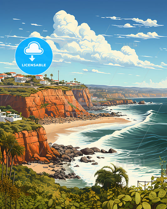 Joao Pessoa, Brazil Skyline Painting, Beach, Houses, Water, Artwork, Vibrant, Abstract, Modern