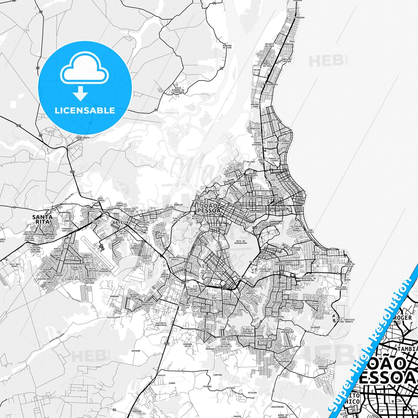 Joao Pessoa, Brazil light map with streetnames, citynames and districts