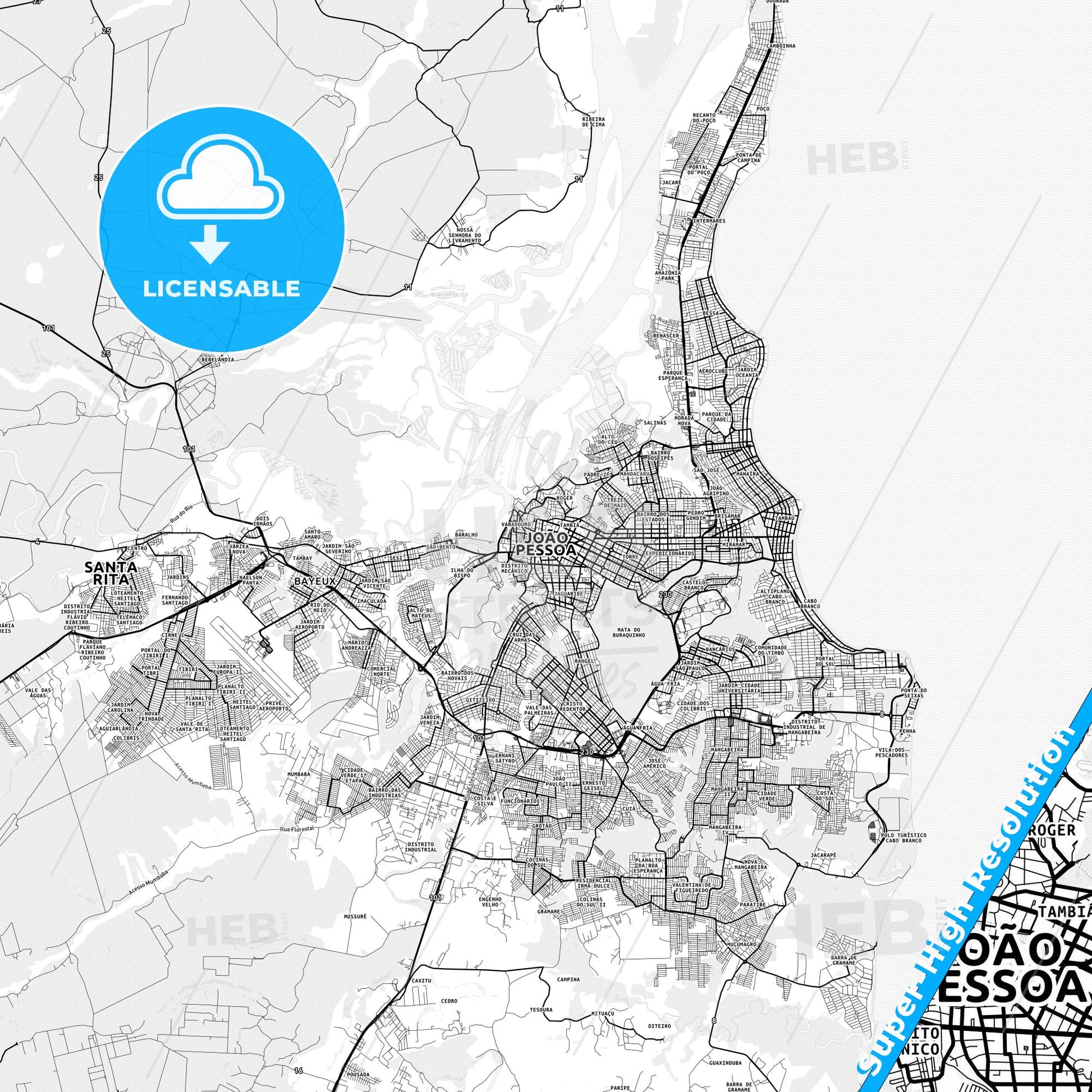 Joao Pessoa, Brazil light map with streetnames, citynames and districts