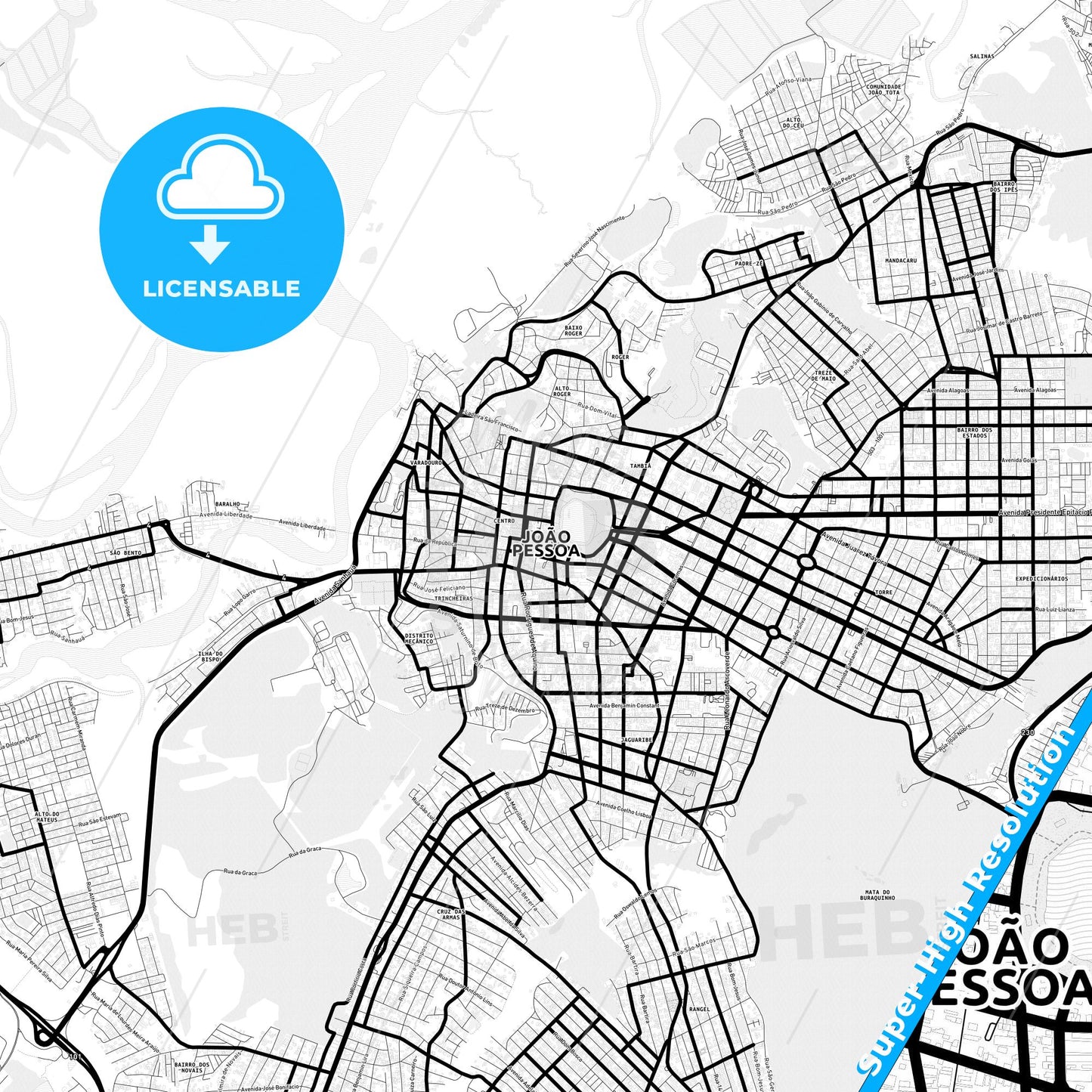 Joao Pessoa, Brazil Light Map with Street Names, City Names, and Districts