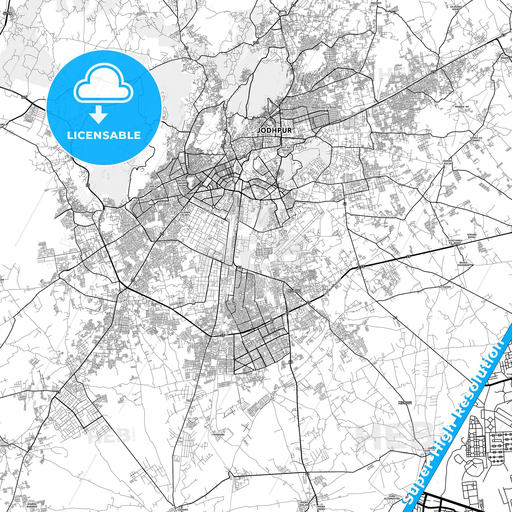 Jodhpur, India light map with streetnames, citynames and districts