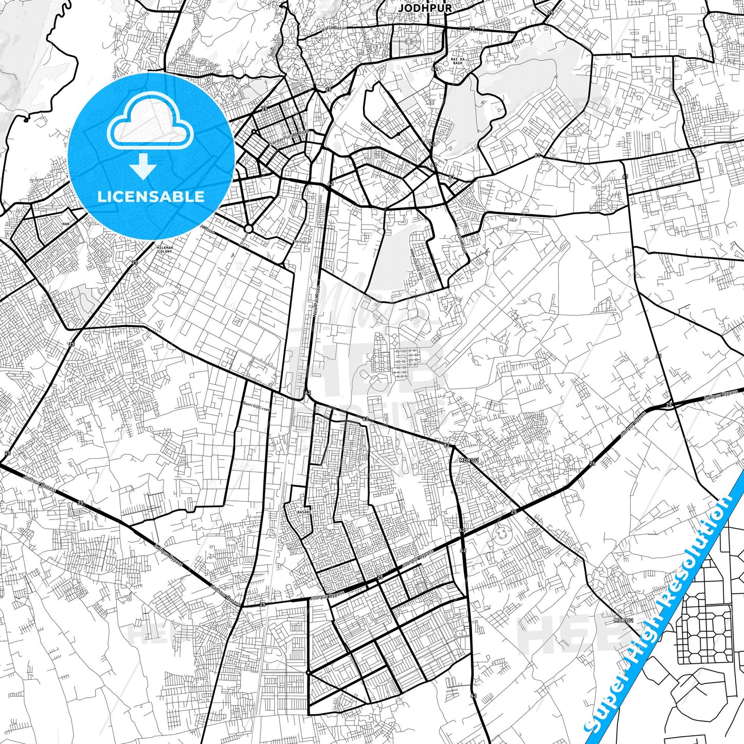 Jodhpur, India Light Map with Street Names, City Names, and Districts