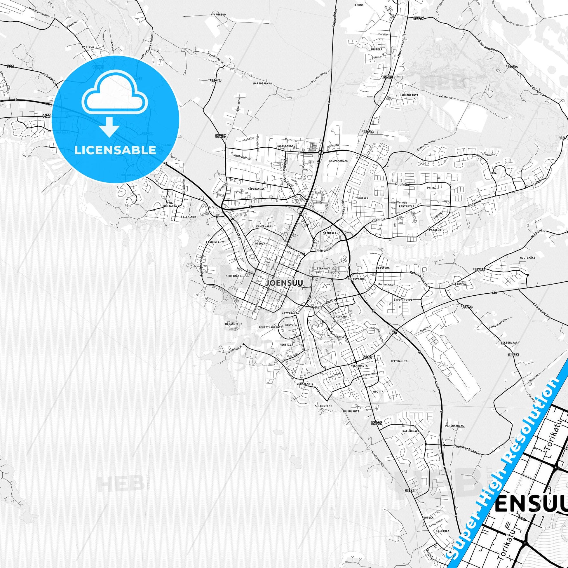Joensuu, Finland light map with streetnames, citynames and districts