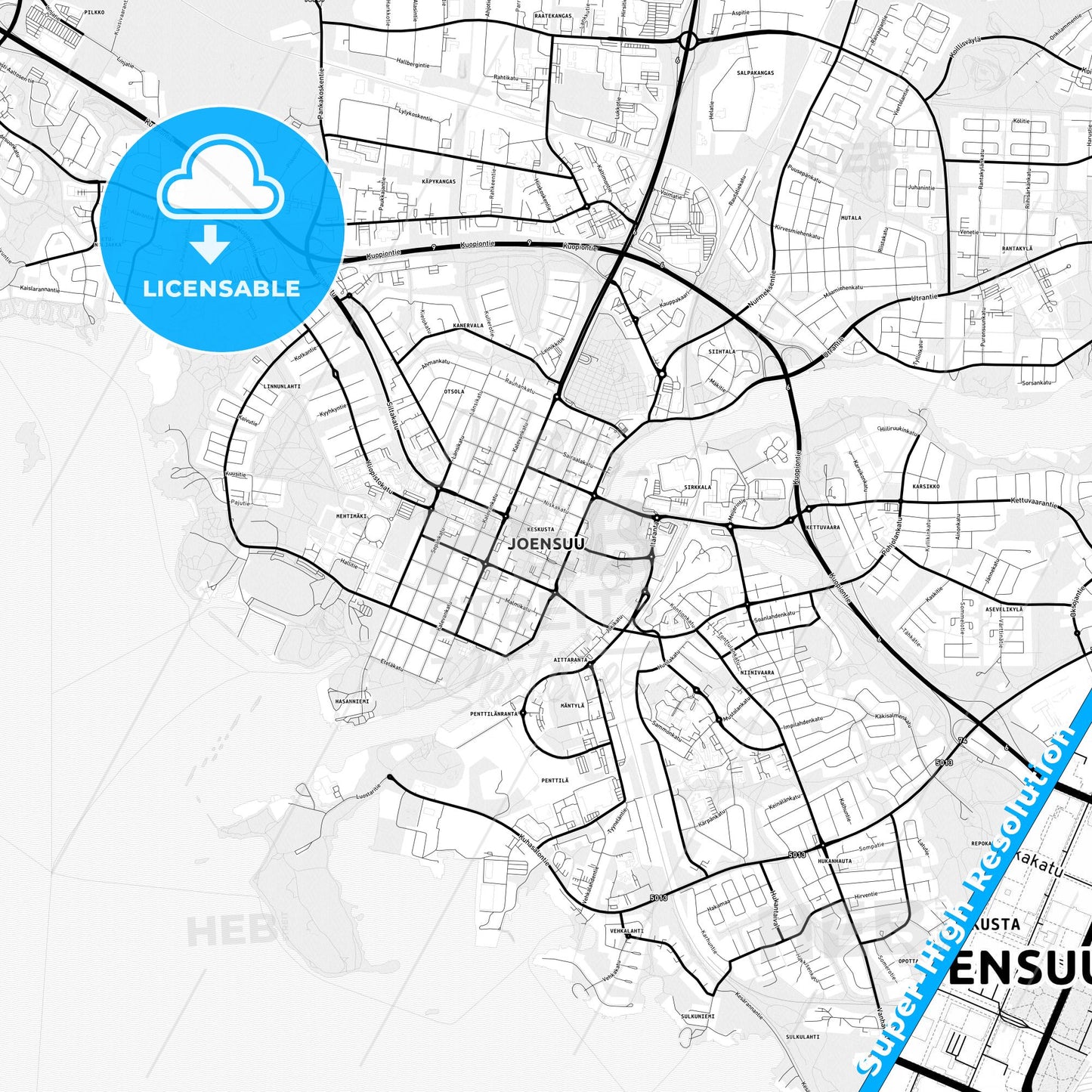 Joensuu, Finland Light Map with Street Names, City Names, and Districts