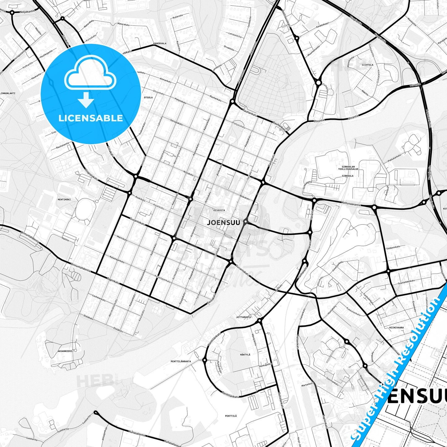 Joensuu, Finland Light Map with Street Names, City Names, and Districts