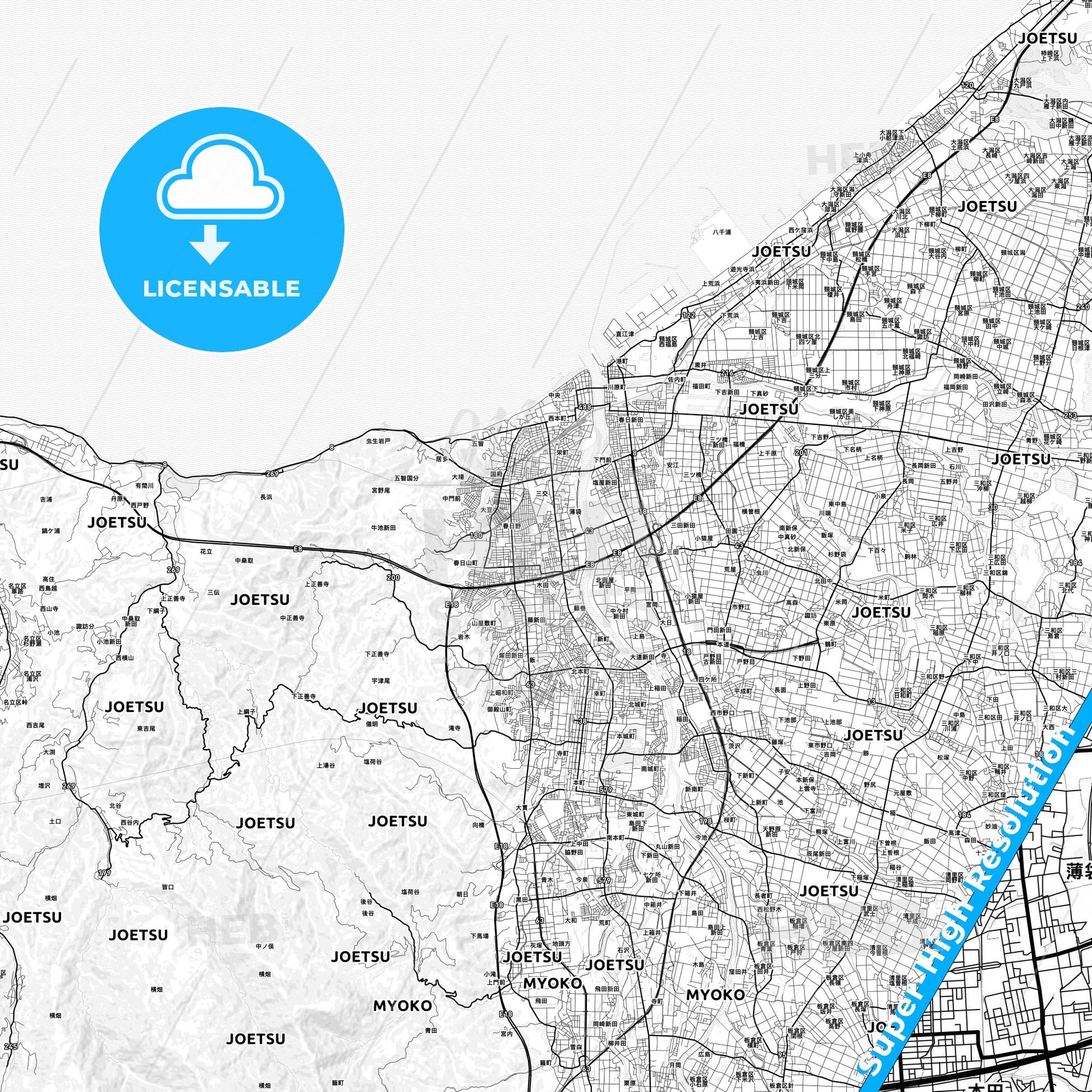 Jōetsu, Japan light map with streetnames, citynames and districts