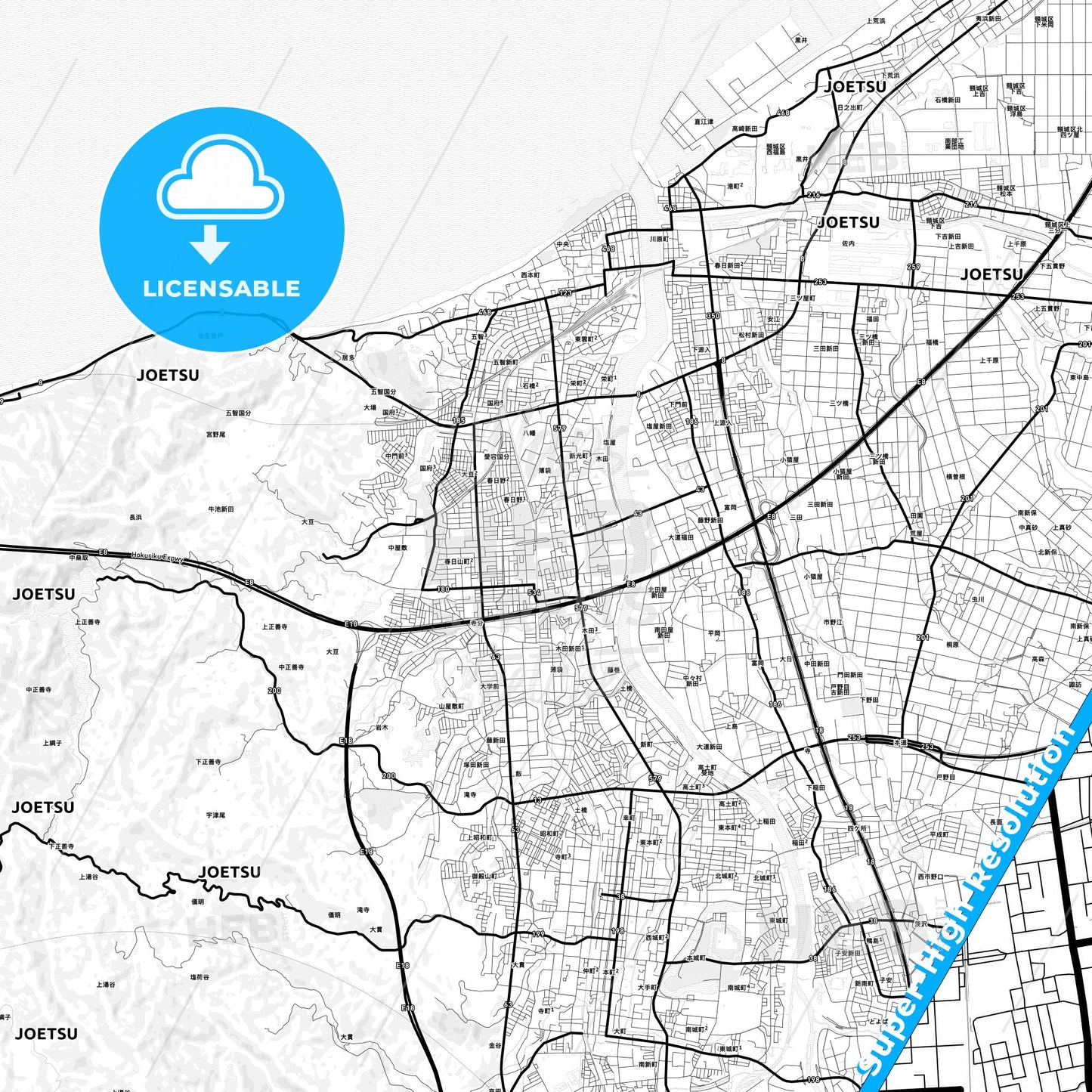 Jōetsu, Japan Light Map with Street Names, City Names, and Districts