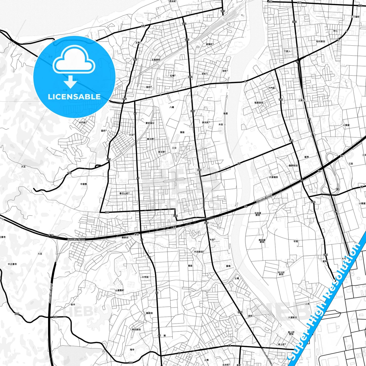 Jōetsu, Japan Light Map with Street Names, City Names, and Districts