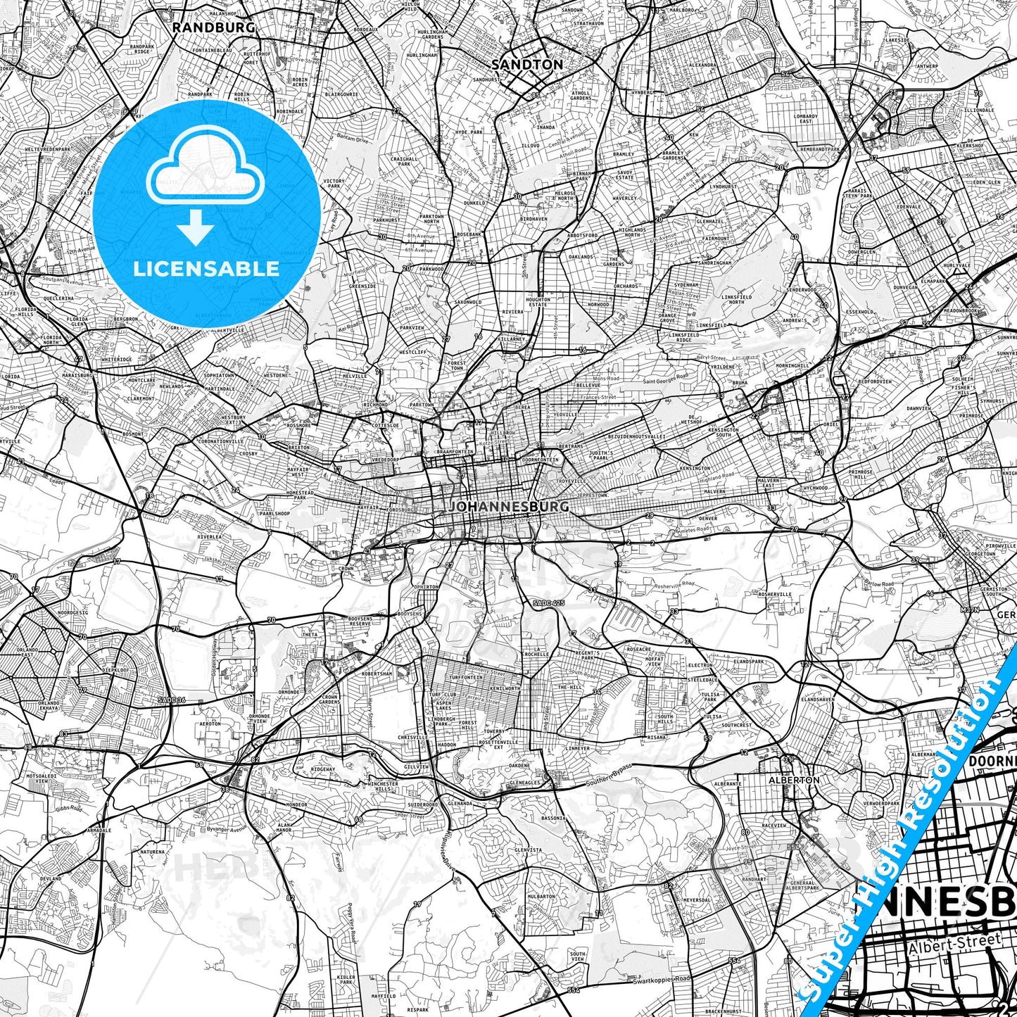 Johannesburg, South Africa light map with streetnames, citynames and districts