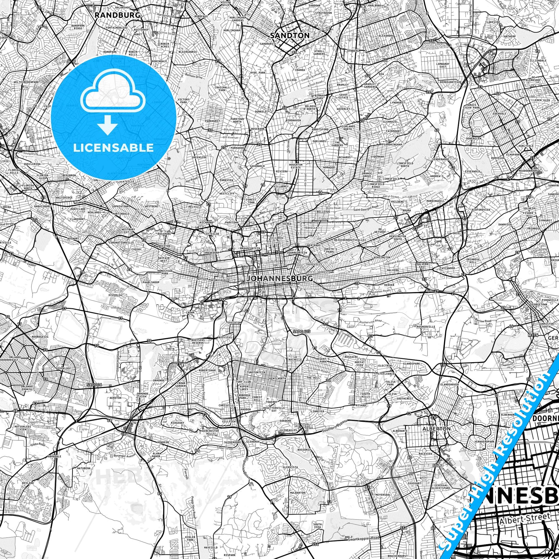 Johannesburg, South Africa light map with streetnames, citynames and districts