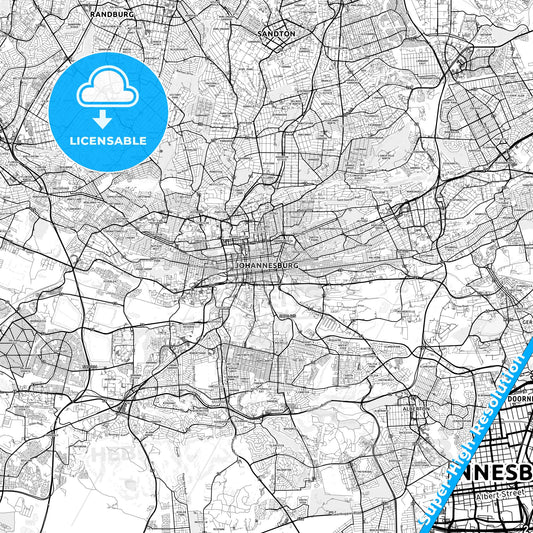 Johannesburg, South Africa light map with streetnames, citynames and districts