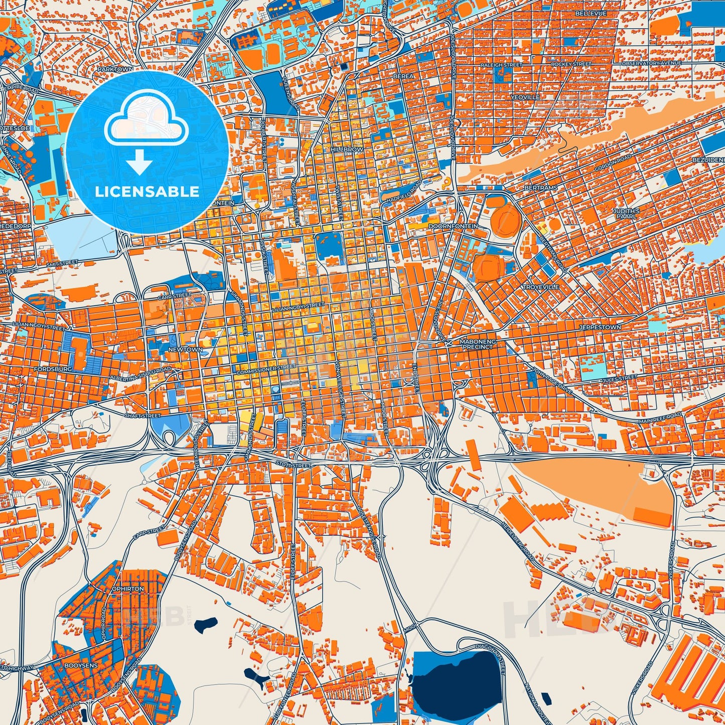 Colorful Johannesburg Street Map with Labels and Buildings