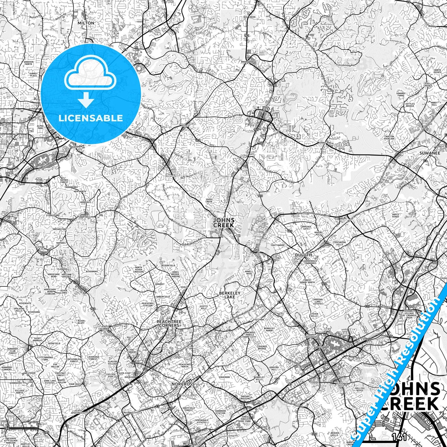 Johns Creek, Georgia light map with streetnames, citynames and districts