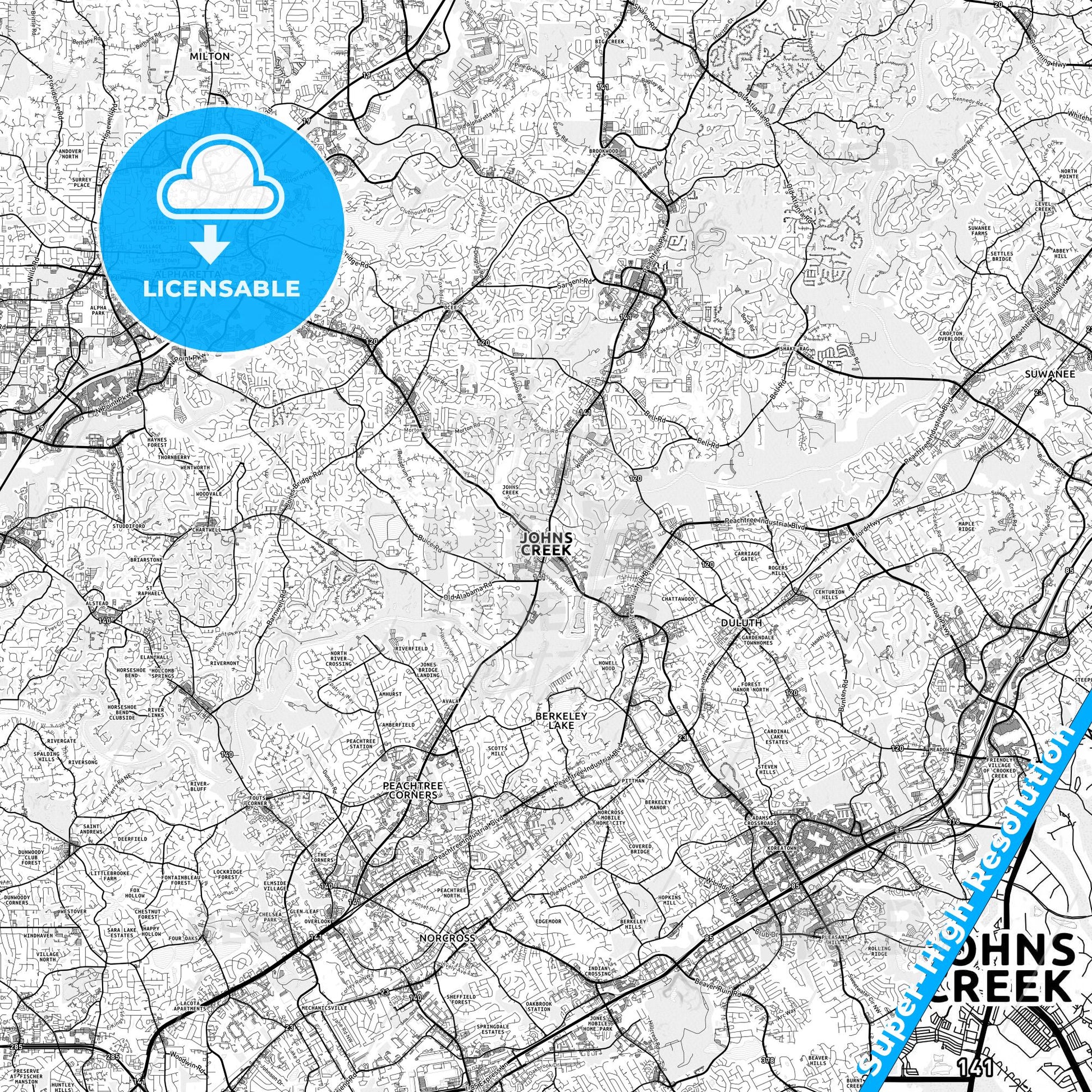 Johns Creek, Georgia light map with streetnames, citynames and districts