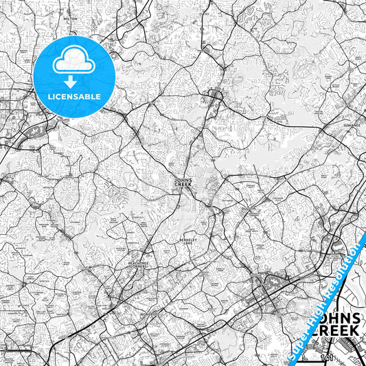 Johns Creek, Georgia light map with streetnames, citynames and districts