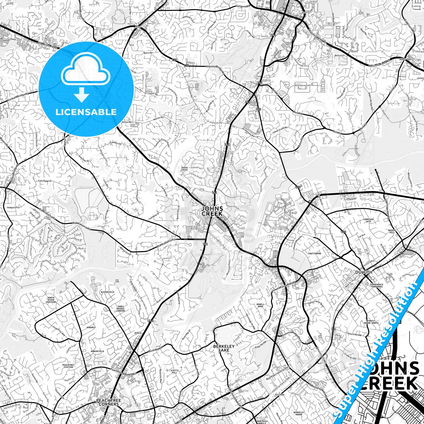 Johns Creek, Georgia Light Map with Street Names, City Names, and Districts