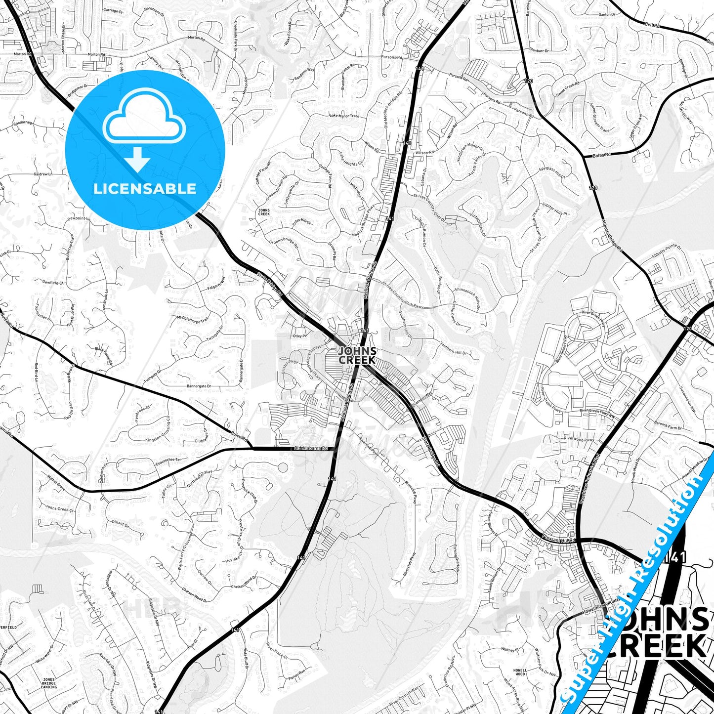 Johns Creek, Georgia Light Map with Street Names, City Names, and Districts