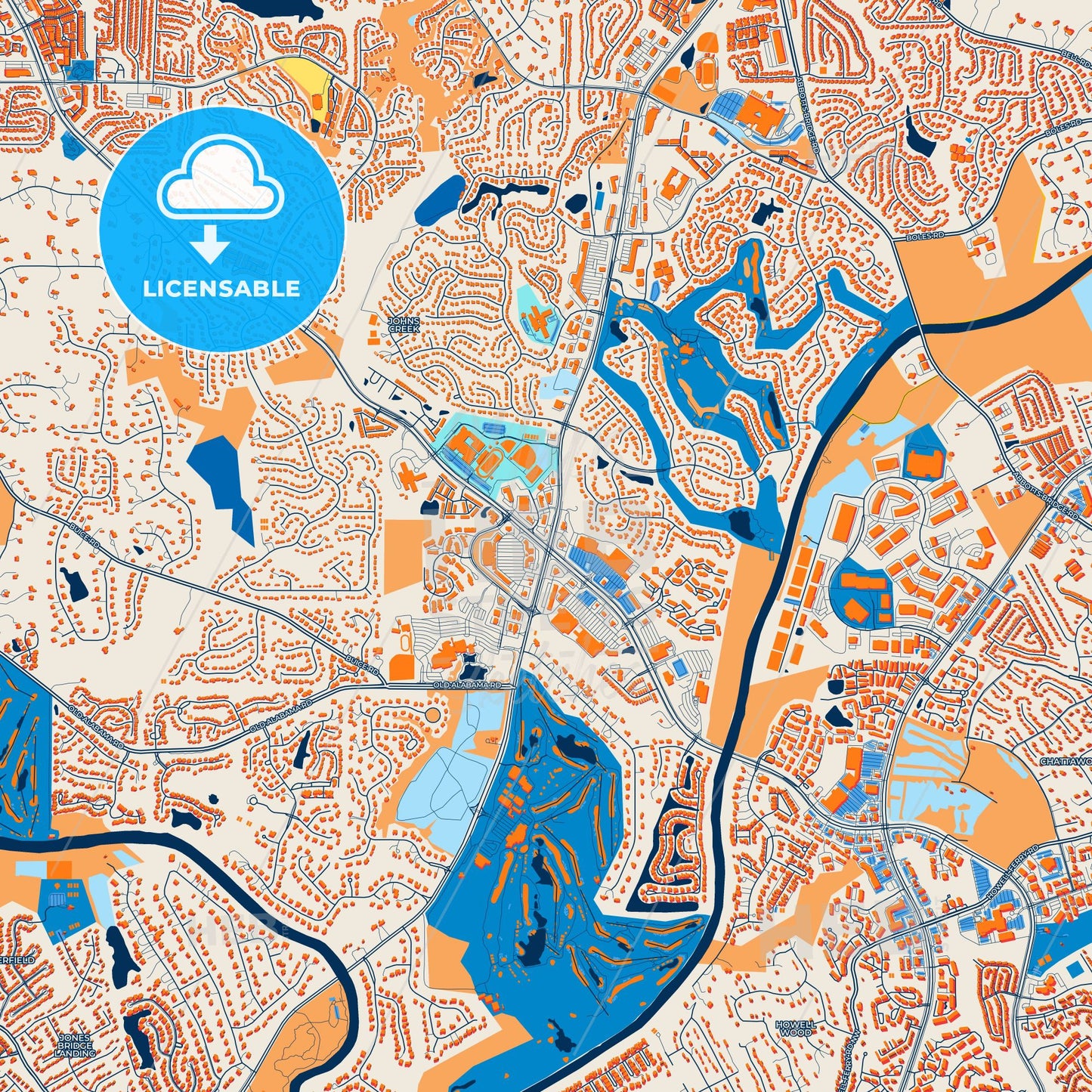 Colorful Johns Creek Street Map with Labels and Buildings
