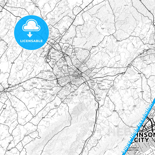 Johnson City, Tennessee light map with streetnames, citynames and districts