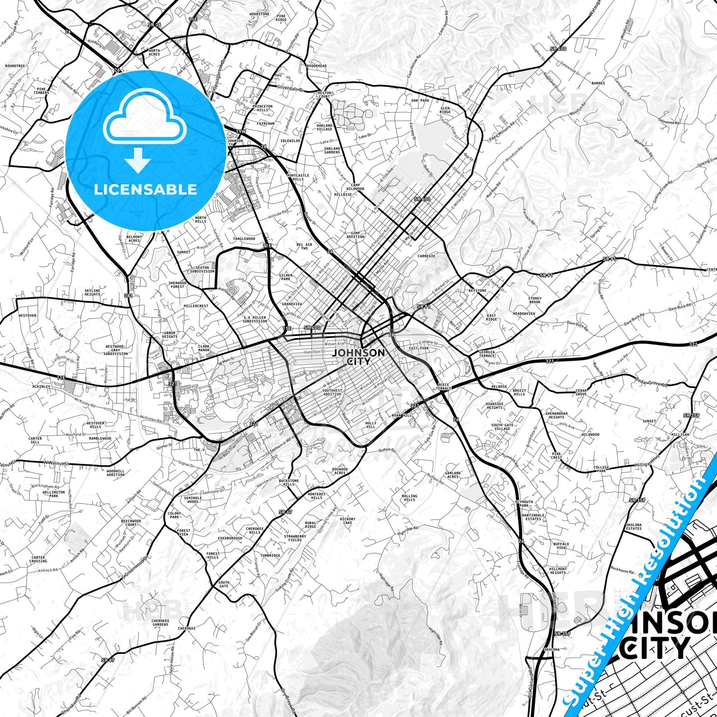 Johnson City, Tennessee Light Map with Street Names, City Names, and Districts