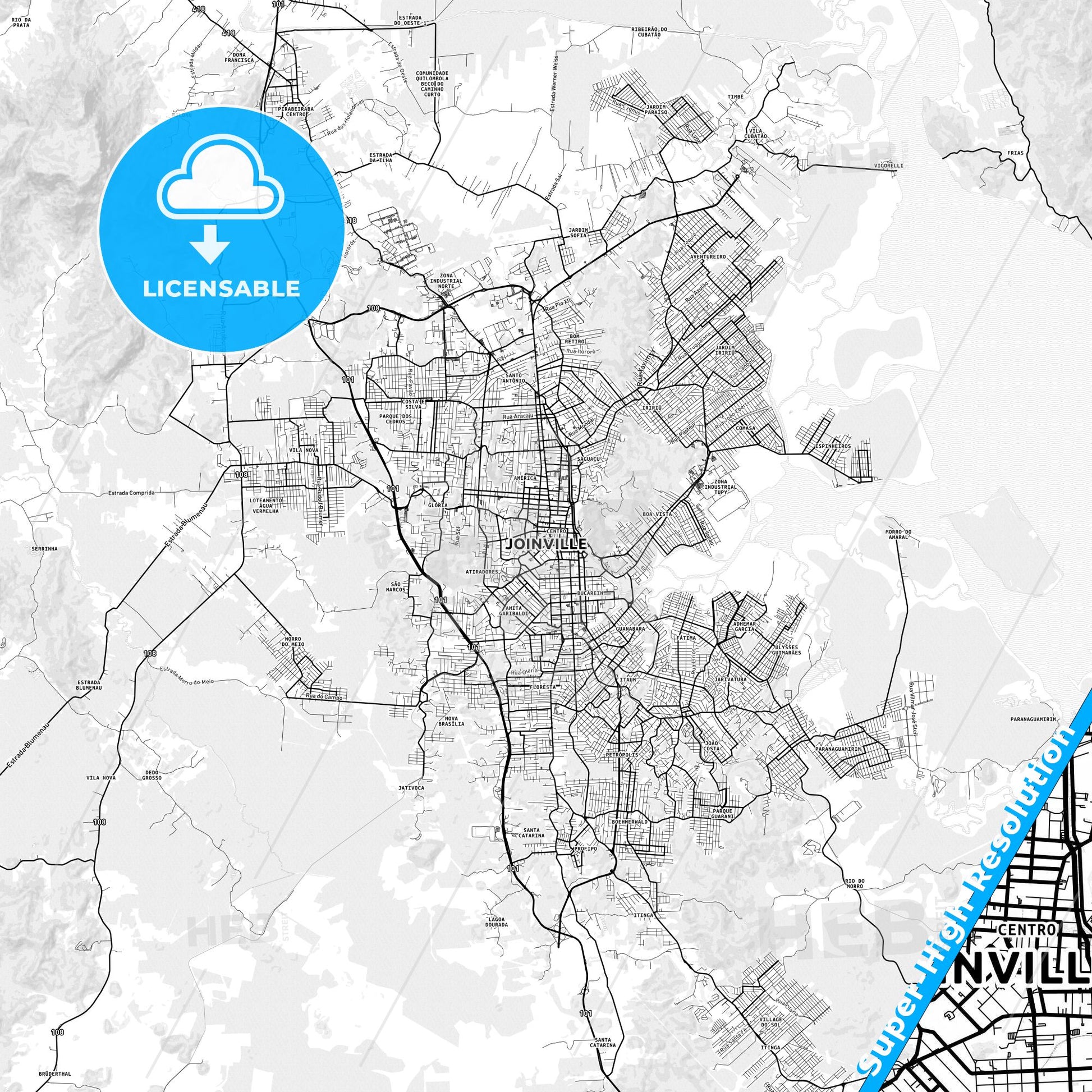 Joinville, Brazil light map with streetnames, citynames and districts