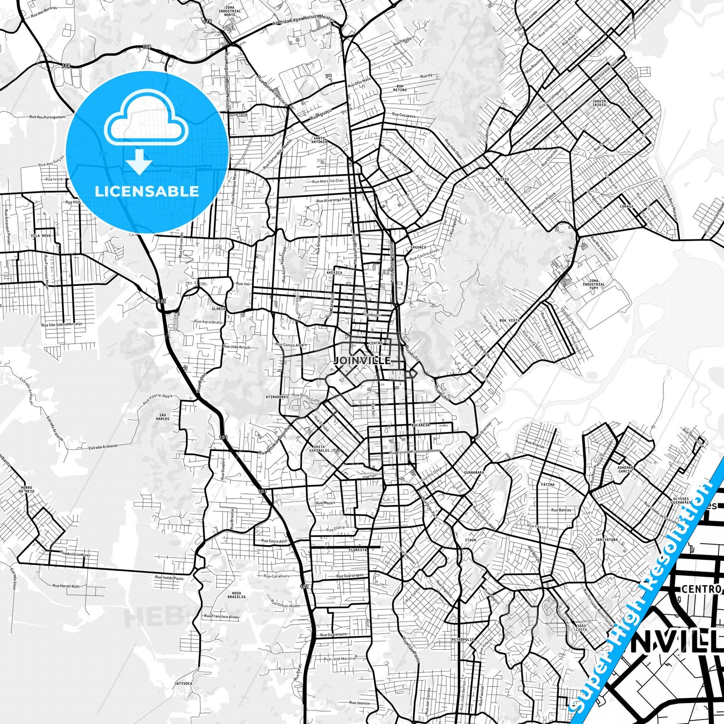 Joinville, Brazil Light Map with Street Names, City Names, and Districts