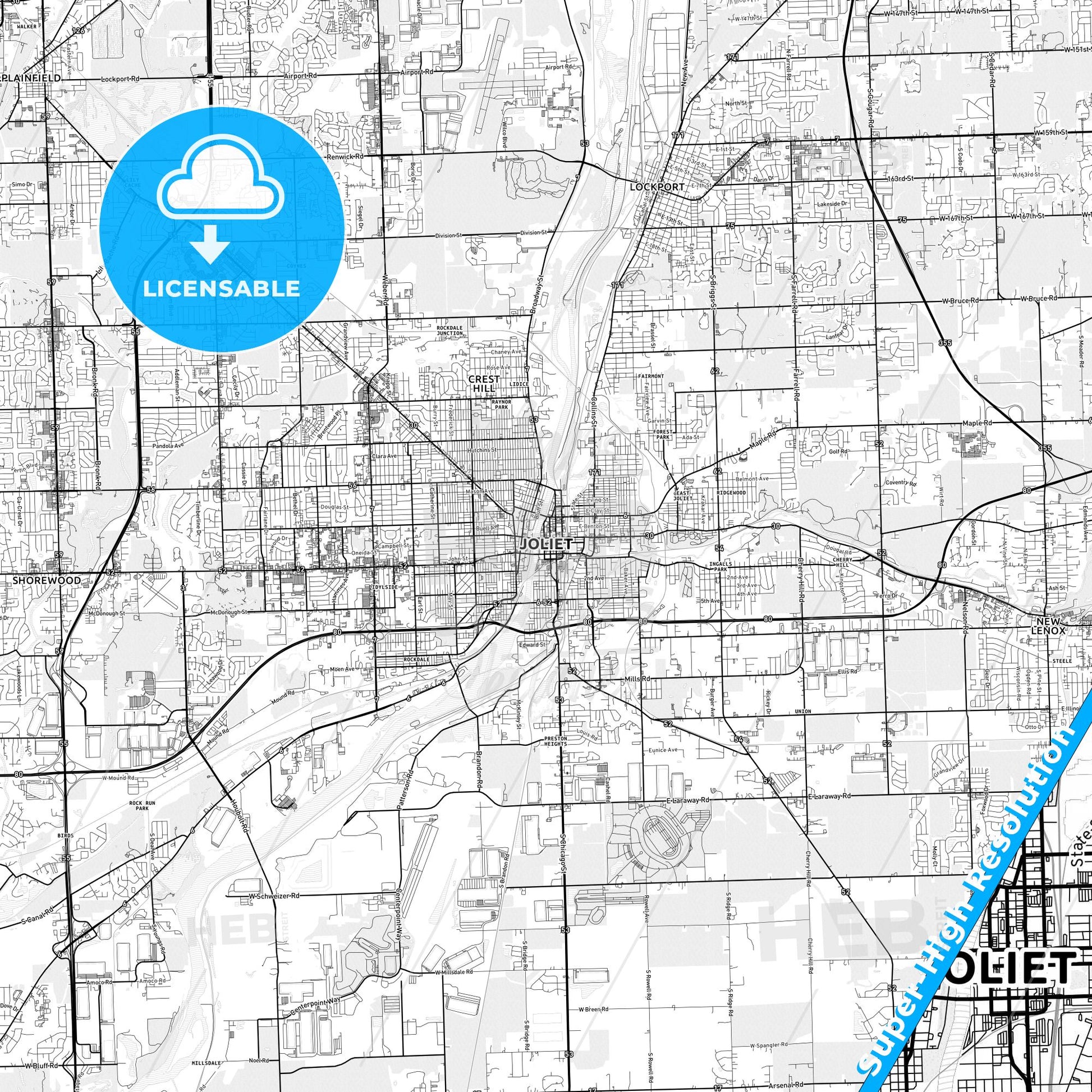 Joliet, Illinois light map with streetnames, citynames and districts
