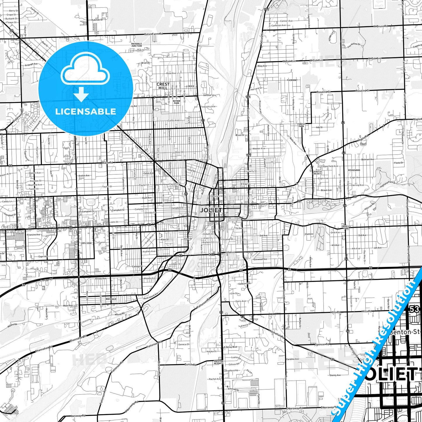 Joliet, Illinois Light Map with Street Names, City Names, and Districts