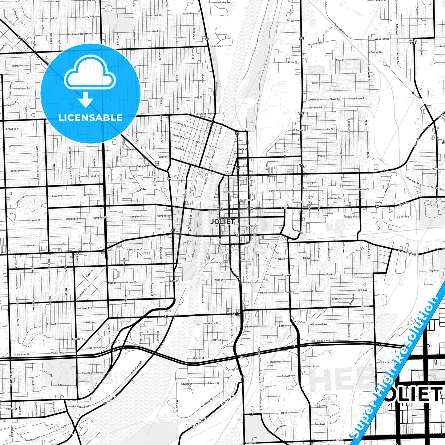 Joliet, Illinois Light Map with Street Names, City Names, and Districts