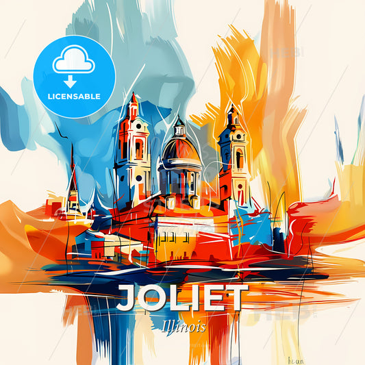 Vibrant Joliet, Illinois - A Painting Of A Building With Towers And A Blue And Orange Sky - Square format print template
