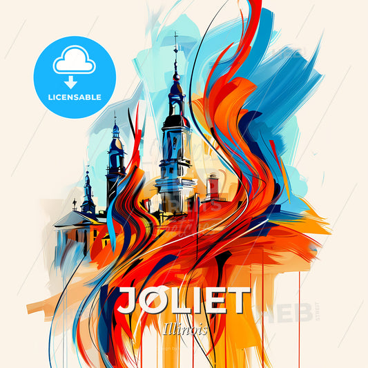Vibrant Joliet, Illinois - A Painting Of A Building With Towers And A Flame - Square format print template