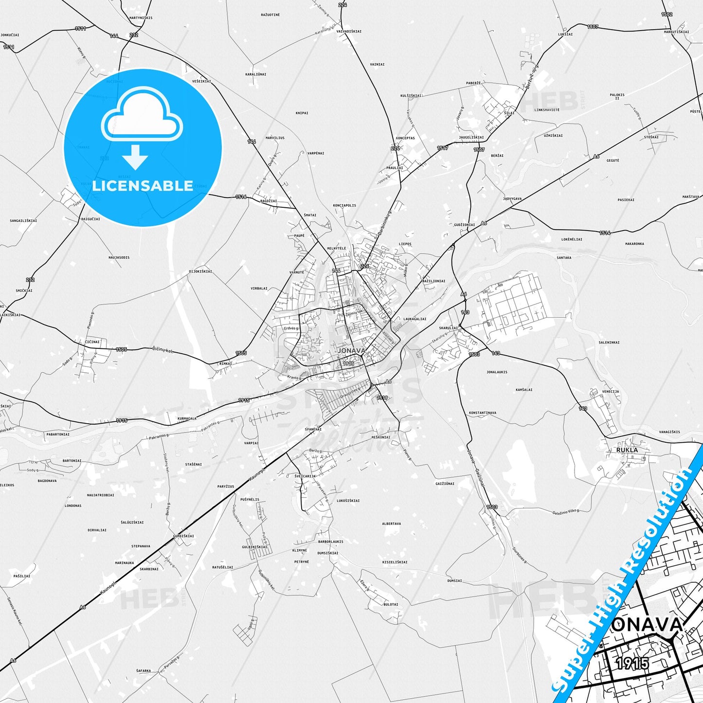 Jonava, Lithuania light map with streetnames, citynames and districts