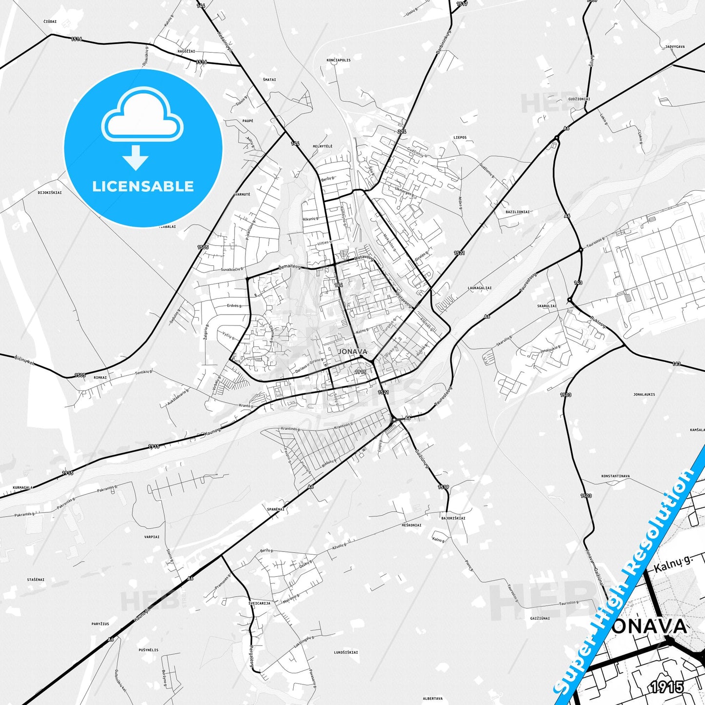 Jonava, Lithuania Light Map with Street Names, City Names, and Districts
