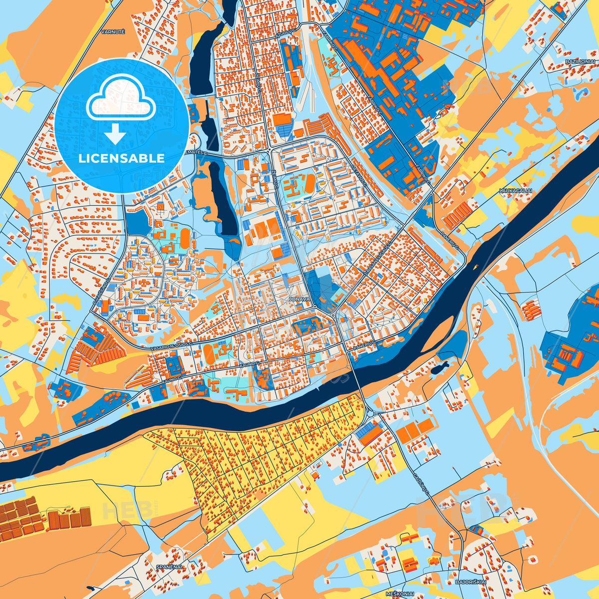 Colorful Jonava Street Map with Labels and Buildings