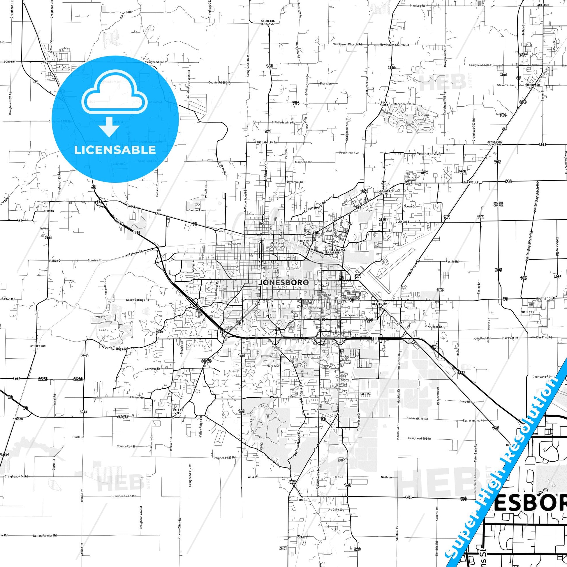 Jonesboro, Arkansas light map with streetnames, citynames and districts