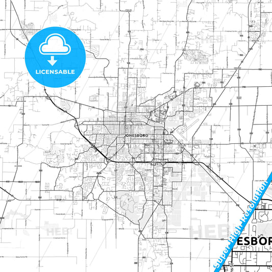 Jonesboro, Arkansas light map with streetnames, citynames and districts