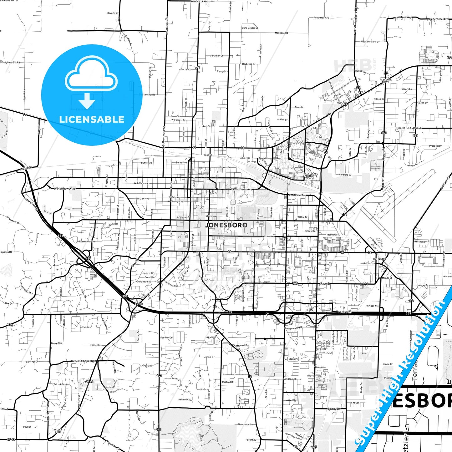 Jonesboro, Arkansas Light Map with Street Names, City Names, and Districts