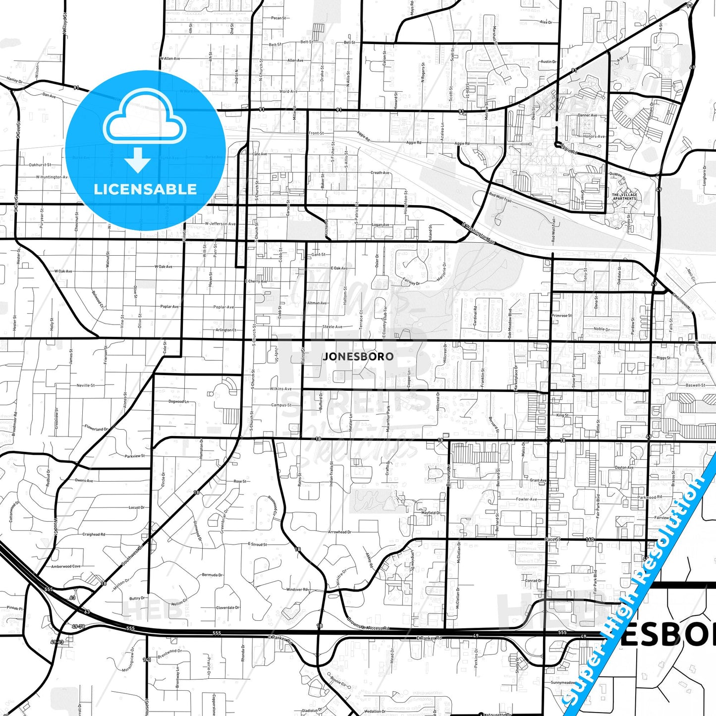 Jonesboro, Arkansas Light Map with Street Names, City Names, and Districts