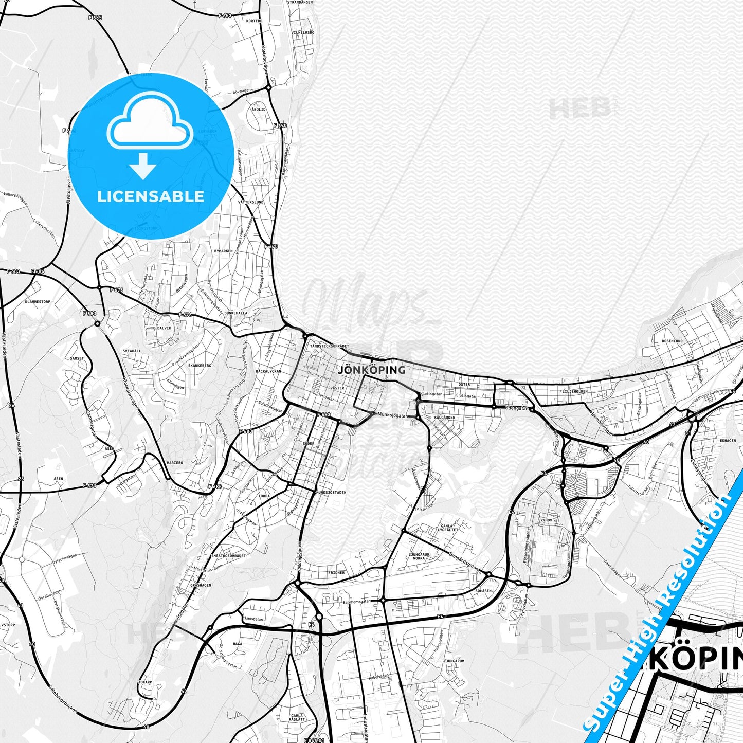 Jönköping, Sweden Light Map with Street Names, City Names, and Districts