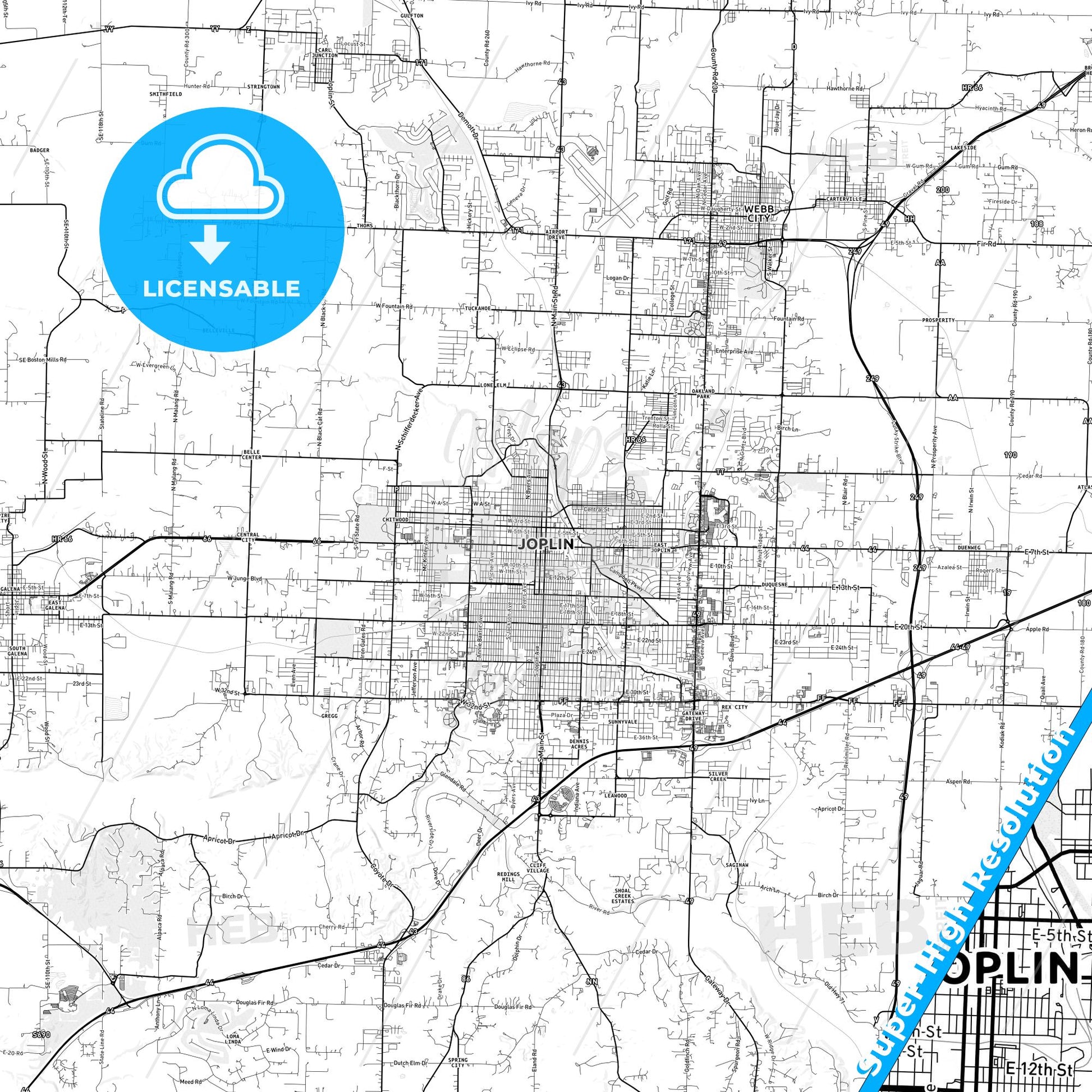 Joplin, Missouri light map with streetnames, citynames and districts