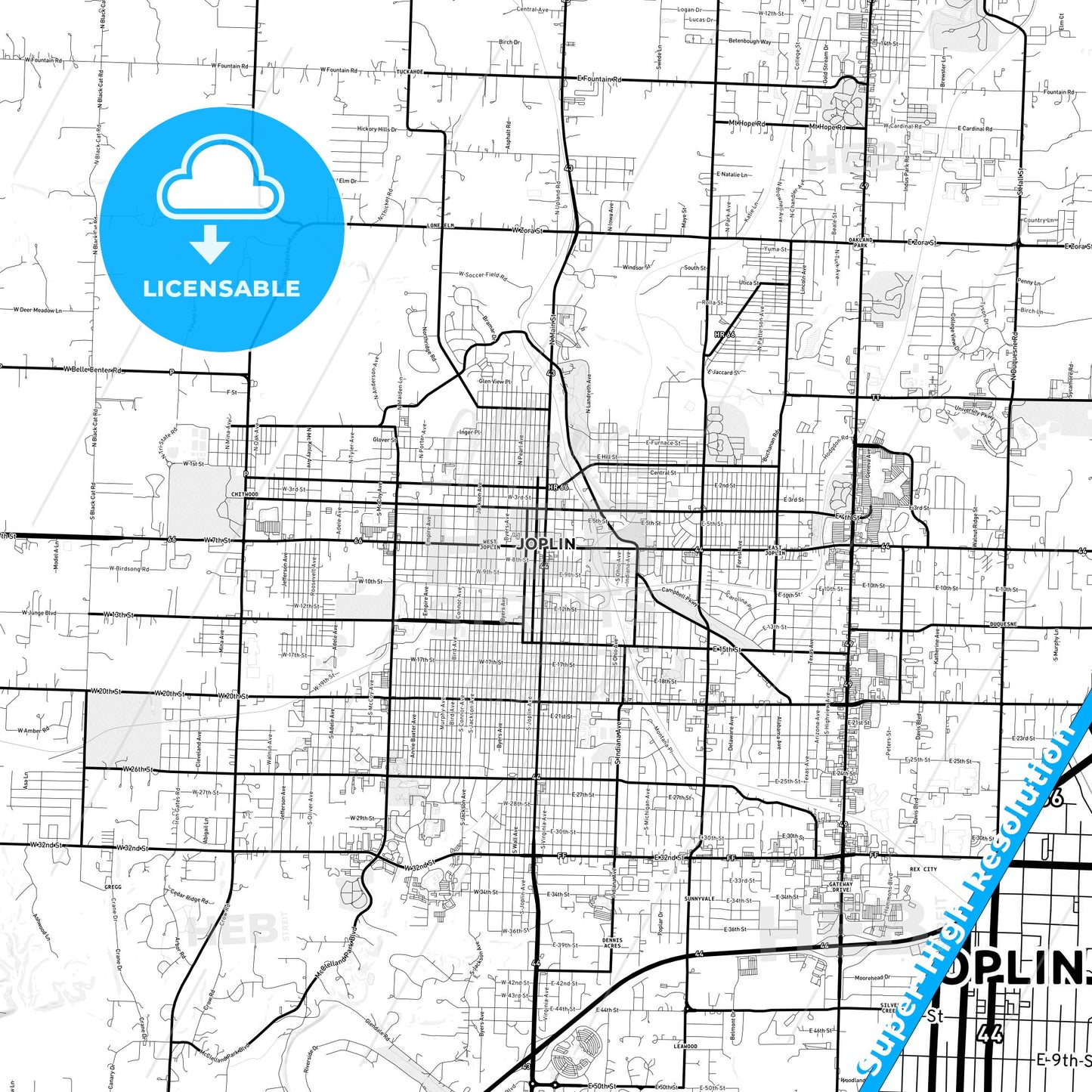 Joplin, Missouri Light Map with Street Names, City Names, and Districts