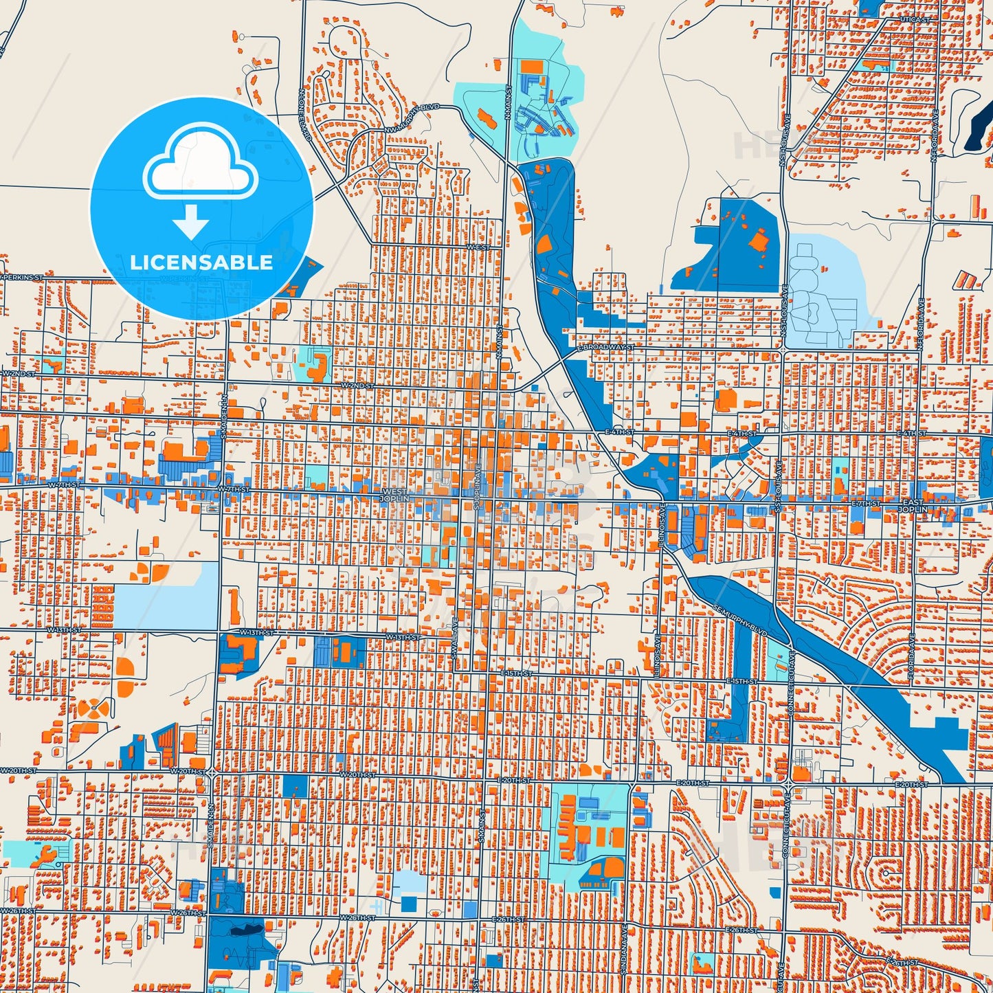 Colorful Joplin Street Map with Labels and Buildings