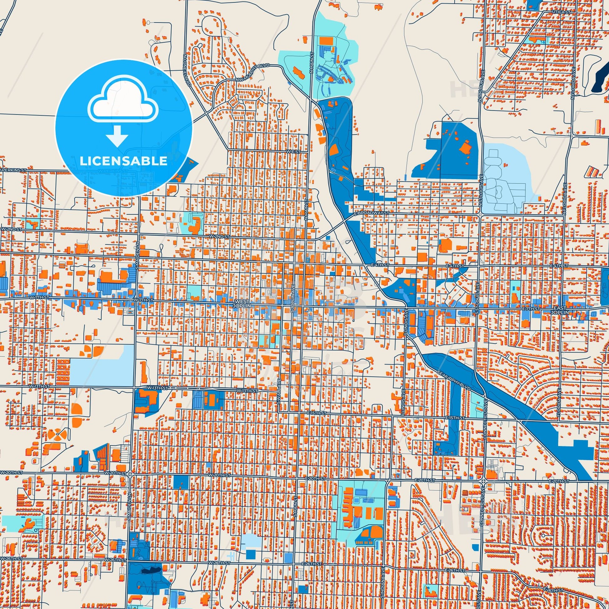 Colorful Joplin Street Map with Labels and Buildings