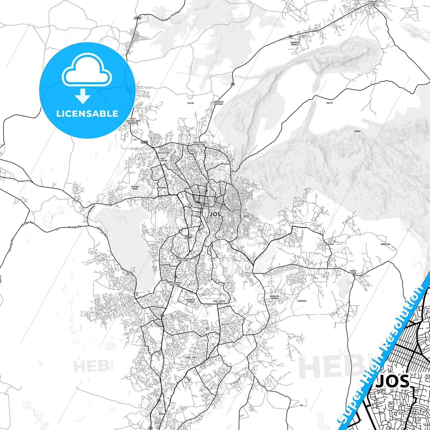 Jos, Nigeria light map with streetnames, citynames and districts